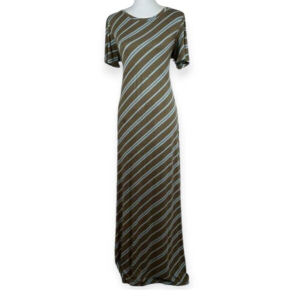 JESSICA SIMPSON MATERNITY MAXI DRESS OLIVE & BLUE STRIPE SZ.L EUC - Picture 1 of 6